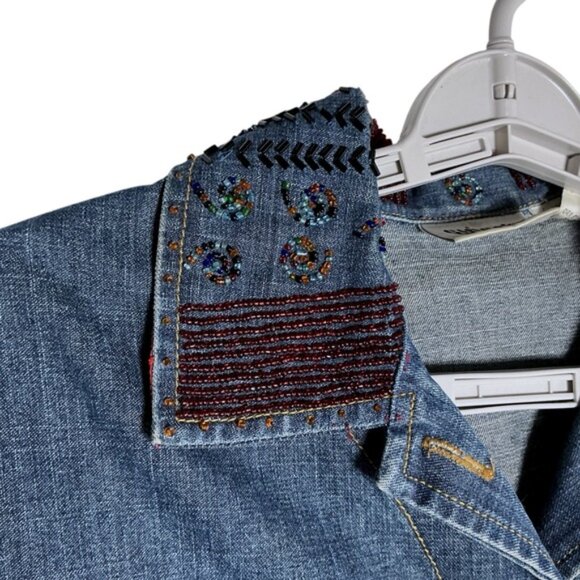 Chico’s Bomber Jacket Friends Beaded Embroidered Appliques Denim Blue Small - Picture 4 of 16